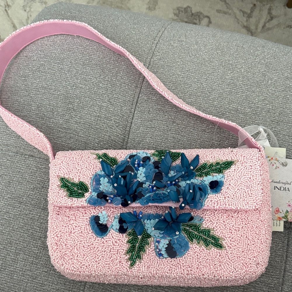 Marshalls Pink Beaded Shoulder Bag with Blue Floral Appliqué